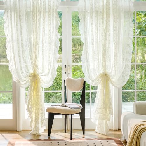 TUDECO Ruffle Curtains 2 Panels - Vintage Tulle Floral Lace Cream Sheer Curtains 84 Inches Long, Shabby Chic Decor Rod Pocket Privacy Ruffled Curtains for Living Room, 59 x 84 Inch, Ivory