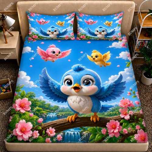 Image of RUMPS 3D Digital Printed Double Bedsheet Flat | Premium Knitted Cotton MicroFabric 90x100 Inch Bed Sheet with 2 Pillow Covers, Cute Cartoon Blue Bird (Sky Bule)
