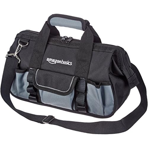Amazon Basics Durable Wear-Resistant Tool Storage Bag with Adjustable Shoulder Strap, Portable Tool Organizer, 16 Pockets, 12 in, Black & Gray
