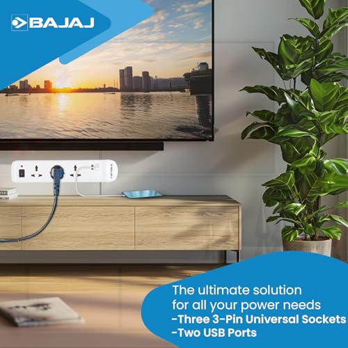 Image of Bajaj 3 Way Spike and Surge Guard with 2 USB | 3 Meter Long Cable | 3-Pin Universal Sockets | Fire Retardant Cable | 6 Months - Warranty (Pack of 1, White)
