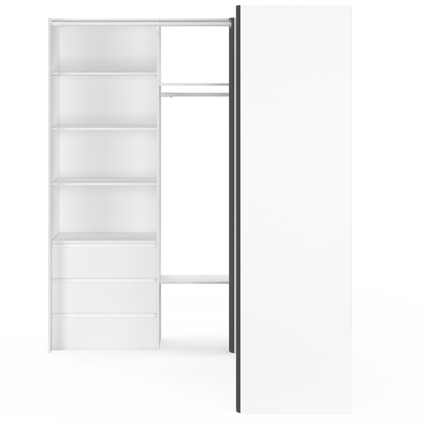 IDMarket - Dressing extensible d'angle MARLON 230 x 140 x 180 cm blanc avec penderies + étagères + rideaux gris