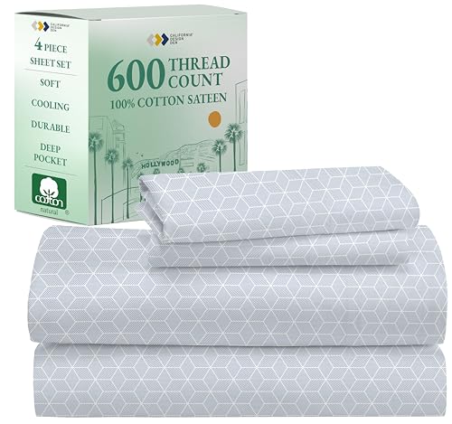 California Design Den Luxury King Size Sheet Set - 100% Cotton, 600 Thread Count Deep Pocket King Sheets, Hotel-Quality Bedding with Sateen Weave - Urban Geometric Print