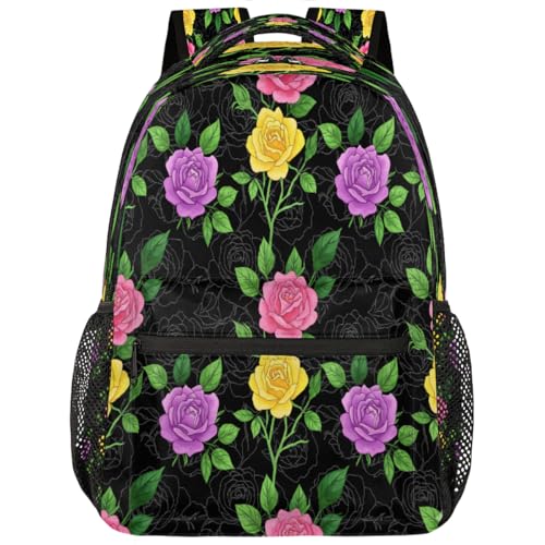 Mochila de viaje para universidad e instituto con diseño de rosas coloridas