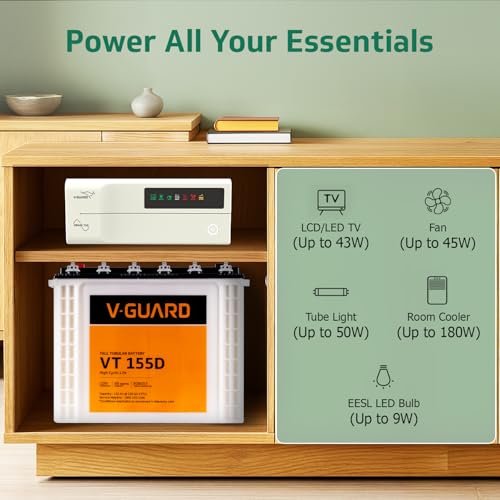Image of V-Guard Inverter & Battery Combo (Prime 750 Pure Sine Wave 650VA / 12V Inverter, VT 155D 150 Ah Tall Tubular Battery) for Home, Office & Shops