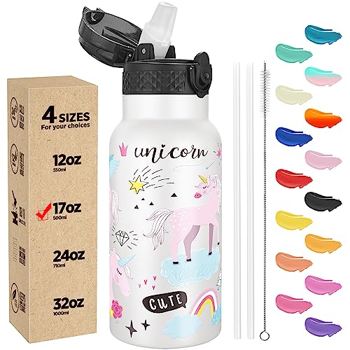 Han's Bottle Kids Water Bottle with Straw Lid - Insulated Stainless Steel Reusable Tumbler for Girls,Boys,Thermo Mug,17oz,Unicorns Girl
