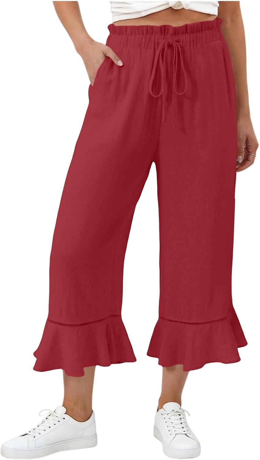 Capri Pants for Women Wide Leg Summer Capris Pant Ruffle Hem Palazzo Loose Fit Casual Trendy Trousers with Pockets