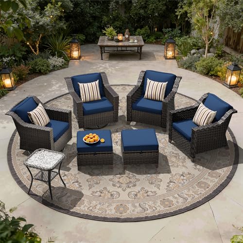 Image of 7 Piece Patio Furniture Set, Wicker Outdoor Conversation Set | Patio Chair Set with Olefin Removable Cushion, All-Weather Glider Swivel Chair Set with Deep Seat for Porch, Deck, Blue