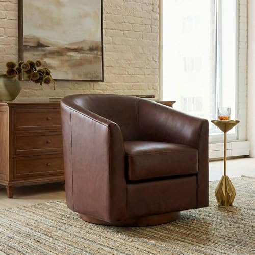 Image of HULALA HOME Genuine Leather Swivel Barrel Chair, Round Swivel Accent Chair with Solid Wood Base, No Assembly Required, Brown