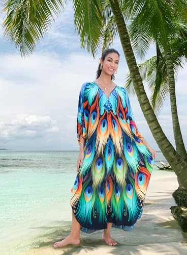 Image of Yanziliu Kaftan Dress for Women,Plus Size Hawaiian Batwing Sleeve Beach Cover Up Summer Swimsuit Dresses