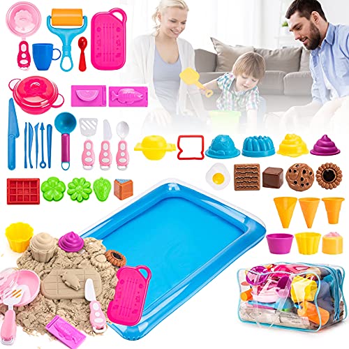 Play Sand ice Cream Set,Ice Cream kit,3lbs Magic Sand, Food Sand Molds Tools, Play Sand kit, Sand Tray and Storage Bag, 44PCS Sandbox Toys Set for Outdoor Tots
