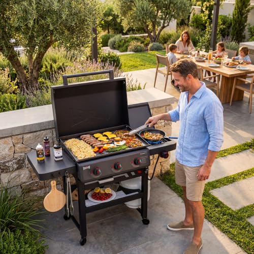 Image of Feasto 28-Inch 3 Burner Propane Flat Top Grill with Hood and Side Burner