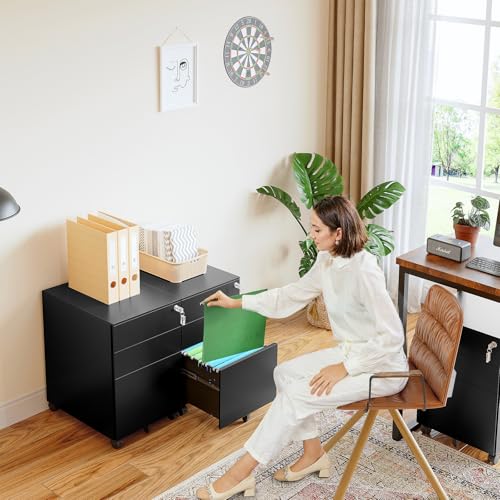 Sightlife Gabinete de Archivos Móvil con Cerradura y Cajones Mueble Archivador Cajonera de Oficina con 3 Cajones para Documentos de Oficina, Carpetas Suspendidas Almacenamiento 39 x 50 x 60 cm Negro - imagen 2
