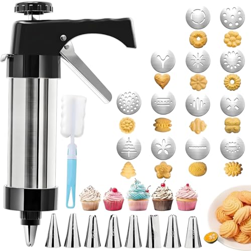 Stainless steel cookie press, cookie press gun set with 13 cookie press plates, a sponge brush and 8 piping nozzles, ideal for DIY Christmas cookies and decorative cookie nozzles, gift for women