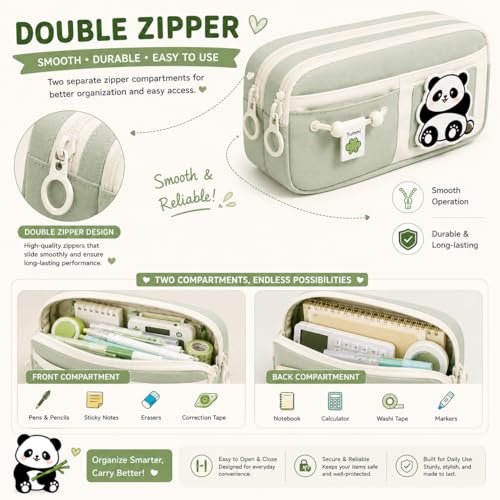 Image of Kawaii Cute Aesthetic Pencil Case for Girls & Boys | 3 Layer 6 Compartment Large Capacity Pencil Pouch with Zipper | Cartoon Stationery Organizer Bag for Students & Kids (Green)