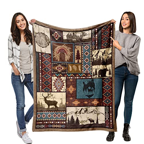 Hselogi Aztec Throw Blanket Mexician Blanket American Native Boho Blanket Traditional Southwestern Tribal Bear Deer Woodland Warm Throw For Camping Farmhouse Decor For Couch Sofa Bed, 50"X60" #TOP4
