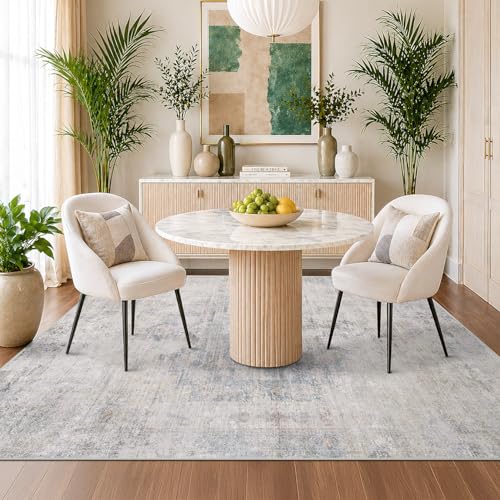 Image of Low Pile Office Rugs for Rolling Chairs - 5x7 Abstract Rugs for Living Room, Large Entryway, Cream Slate Blue Decor, Non Slip with Rubber Backed & Stain Resistant