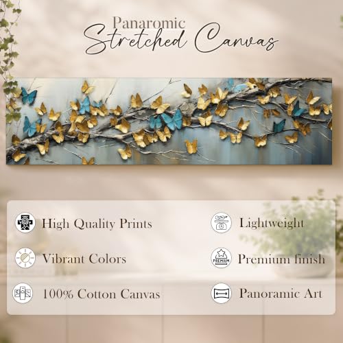 Image of Large Stretched Canvas Painting, Panel Wall Painting Blue and yellow Butterfly Luxury Paintings for Home Decoration, Living room, Bedroom and Office Decor - Gold, 12x46 Inch