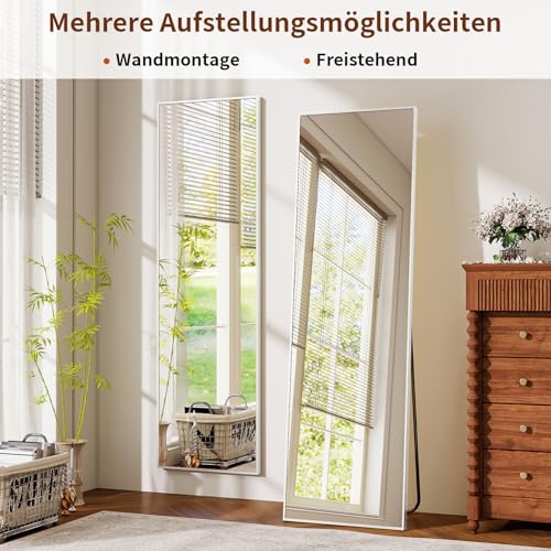 BEAUTYPEAK Ganzkörperspiegel 150x40 cm, Standspiegel und Wandspiegel mit Aluminiumrahmen, Shatterproof Glas für Verzerrungsfreie Reflexion Weiß
