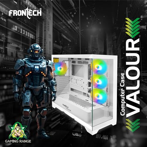 Image of Frontech Valour ATX Mid Tower Gaming Computer Cabinet | Tempered Glass Panels | 4 ARGB Fans | USB 3.0 & Type-C | White Gaming PC Cabinet(FT-4387)