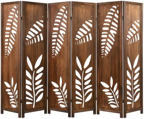 Giantex Boho Rustic Room Divider, 6 Panel Carved Leaf Folding Woo...