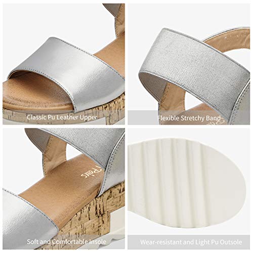 DREAM PAIRS DREAM PAIRS Womens Open Toe Elastic Strap Casual Flatform Platform Wedges Sandals,Size 7,Silver,REED-2