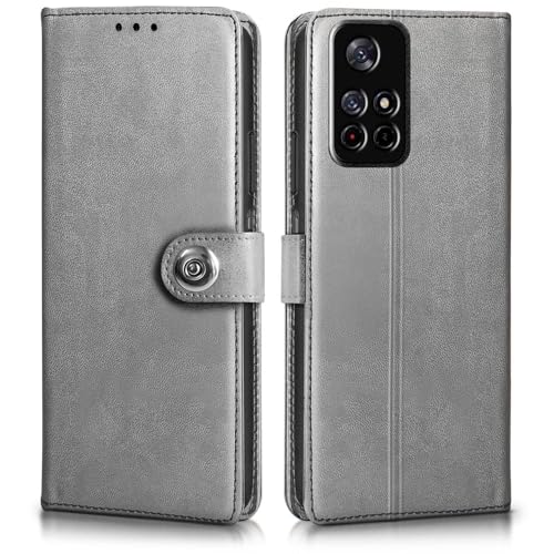 Image of WOW IMAGINE Shock Proof Flip Cover Back Case for Redmi Note 11T 5G | Poco M4 Pro 5G (Magnetic Button Flip Case | Wallet Pockets & Stand | Leather Finish | Stone Grey)