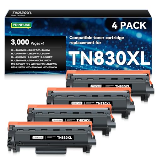 PRINPUSE TN830XL 830XL Toner Cartridge Compatible Replacements for Brother TN830 TN830XL Toner Cartridge Work with Brother Printer HL-L2405W HL-L2460DW DCP-L2640DW MFC-L2820DW MFC-L2900DW,4 Black