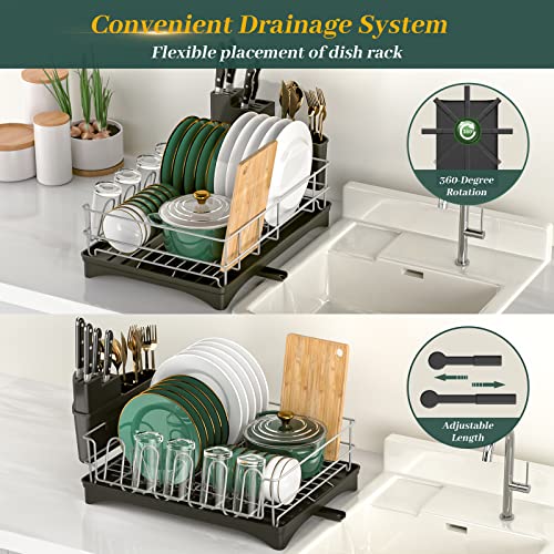 Yasonic Dish Drying Rack With Drainboard Dish Drainer With 360°Swivel Spout - Stainless Steel Dish Racks For Kitchen Counter - Compact Dish Strainer With Cup Cutlery Knife Drying Rack - Silver #TOP2