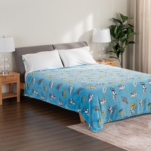 Image of Berkshire Blanket Peanuts VelvetLoft Cute Character Snoopy Plush Blanket,Peanuts Large Masked Marvel Toss Happy Blue,Full /Queen 90 in x 90 in (Official Peanuts Product)