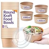 Bag Market | 50 x Kraft Takeaway Food Bowls with Clear Plastic Lids - Round Paper Salad Bowls for Deli, Pasta, Rice, Dessert - Street Food Containers (Large - 1000ml / 35oz)