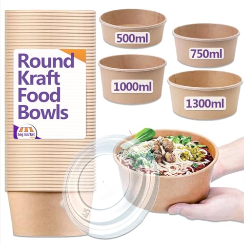 Bag Market | 50 x Kraft Takeaway Food Bowls with Clear Plastic Lids - Round Paper Salad Bowls for Deli, Pasta, Rice, Dessert - Street Food Containers (Extra Large - 1300ml / 46oz)