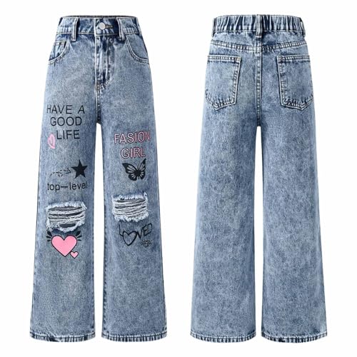 Ripped Jeans for Girls Wide Leg Denim Pants Letter Print Loose Fit Jeans Straight Denim Trousers Streetwear3