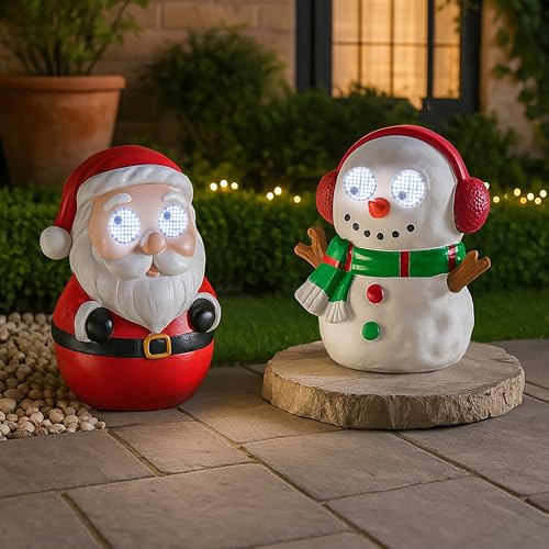 Garden Mile 2 Pack Blinking Santa & Snowman Christmas Outdoor Decorations - Set of Two Light Up Festive Garden Figures with Cool White LEDs - Waterproof Polyresin Porch Pathway Xmas Display with Timer