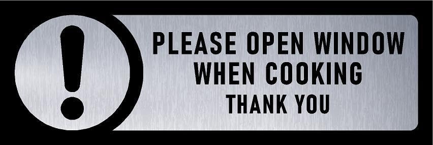 Please open window when cooking, thank you, black and brushed aluminium effect sign - Self adhesive sticker (450mm x 150mm)