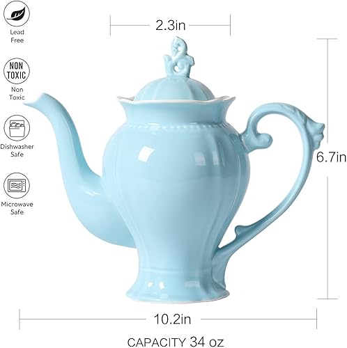 Miniatura 6 de Tetera inglesa de porcelana fina azul claro, cafetera estilo Victoria, peso ligero, 37 onzas