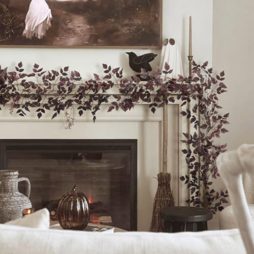 Image of Neutral Fall Garland for Mantle Fireplace - 2 Pack 6Ft Plum Cimicifuga Seeded Leaf Garlands Purple Autumn Decor Table Decorations for Home Indoor Door Halloween Realistic Leaves Garlands Outdoor
