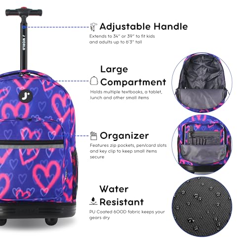 Image of J World Sunrise Kids Rolling Backpack with Wheels for Girls Boys, Roller Bookbag for School, 18 x 13 x 9 Inches, Heart Spray