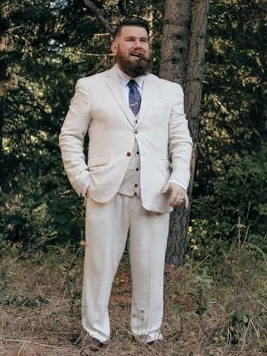 Men's Linen Suit 3 Piece Slim Fit Summer Beach Wedding Suits for Men Two Button Lightweight Jacket Vest Pants Set4