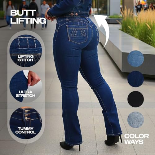 Image of Moda Xpress Women's Butt Lifting High Waisted Bootcut Jeans - Stretchy, Comfortable Flare Jeans in Junior Size Vintage Style