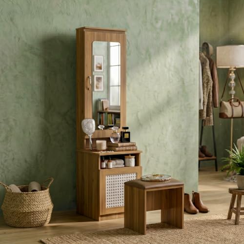 Image of NEUDOT Sakura Rattan Wooden Dressing Table With Mirror And Storage | Engineering Wood | Vanity Table With Mirror | Vanity Dressing Table For Bedroom, 12 Months Warranty | Leon Teak Finish,Brown