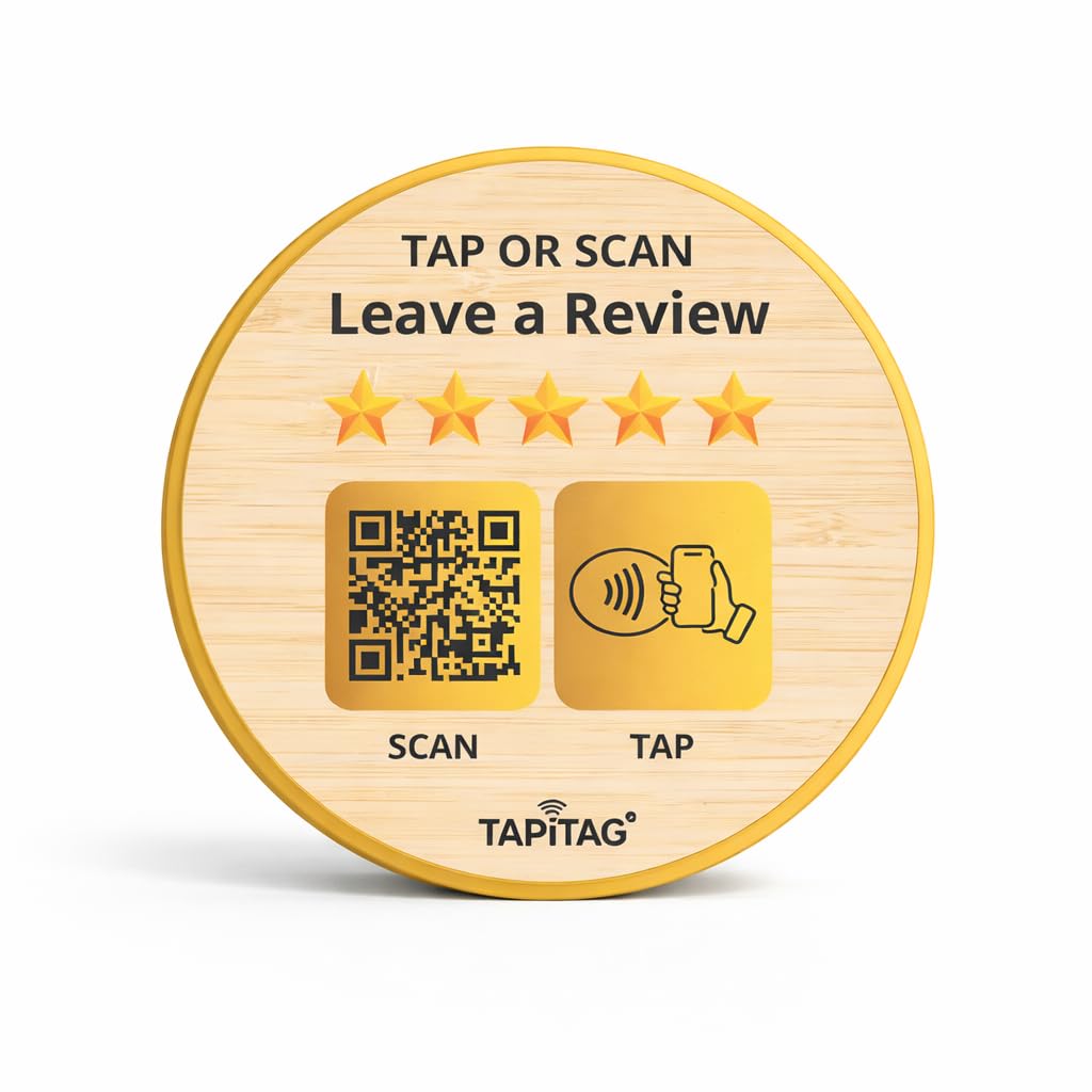TAPiTAG Google Review Sign with NFC & QR Code - NO Subscription – Tap or Scan to Leave a Google Review, Contactless Review Sign, No App Needed, Works with iPhone & Android (Bamboo, 70mm)
