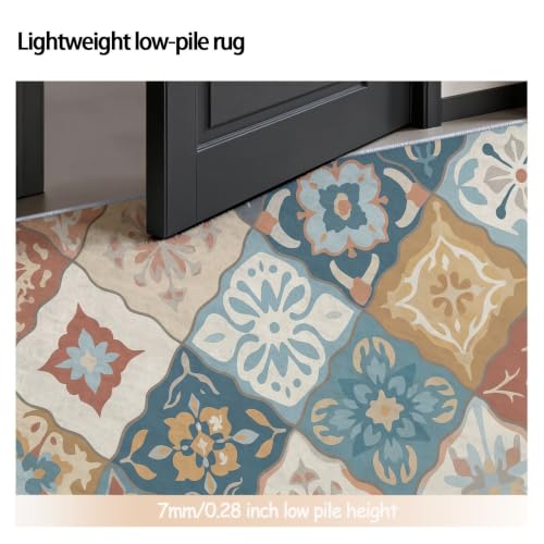 Tapis rond 90 cm bleu multicolore patchwork pour salon et chambre - 6