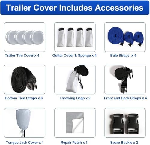 Image of Kayme 300D Oxford Travel Trailer RV Cover, Tearproof Waterproof Windproof 28-31ft Camper Cover, RV Tarp Anti-UV Snowproof with Zipper Door, Wind Protector Straps，4 Tire Covers, and Jack Cover.