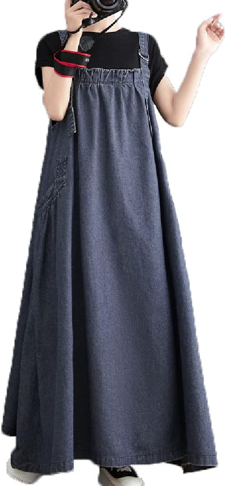 [福丸] ジャンパースカート デニム ワンピース 大きいサイズ ゆったり 体型カバー デニムワンピース サロペットスカート ロング丈 丈調整可能 ブルー