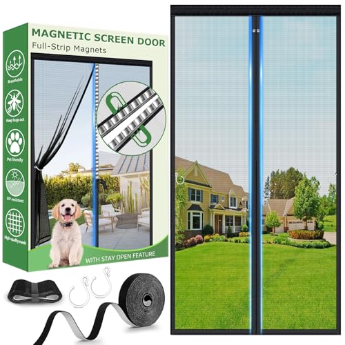 Magnetic Fly Screen Door with Full-Length Magnets NO Gap Auto Closes Fiberglass Mesh Screen Curtain to Stop Flies No Drill Installation for Patio Exterior Doors (90x210cm Black)