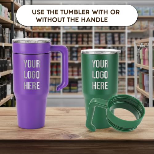 Image of Custom Engraved 30 oz Tumbler with Handle for Company Branding | 30 oz insulated stainless steel tumbler, laser engraved with your custom logo for business branding and gifts