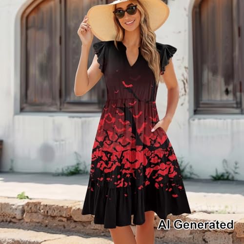 Image of Womens Summer Dress Ruffle Sleeve V Neck Dress Casual Fit Flowy Beach Vacation Sundress with Pocket S-2XL