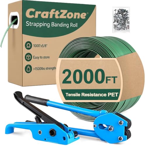 Image of Banding Strapping Kit | Pallet Strapping Kit with Tensioner Tool | Heavy Duty Banding Tool 1500lbs Break for Banding Bulky Items Warehouses|Factories | 5 /8 inch W*2000' L Poly Strapping|100 Seals | 2000FT