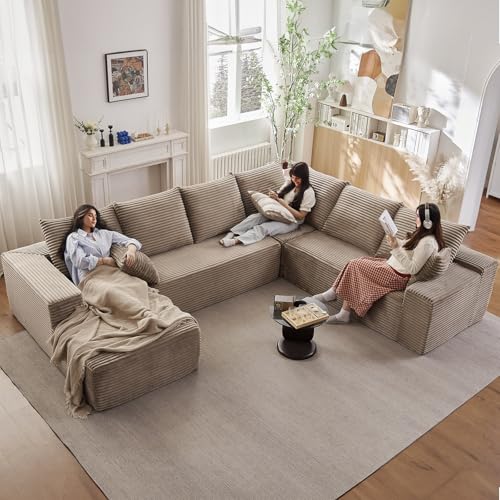 Image of Modern Modular Sectional Sofa, Big Comfy Corduroy Cloud Couch with Deep Seat, Boneless Couch Upholstered 6-Seater U-Shaped Sofa for Living Room, No Assembly Required (Camel, Left-Facing Chaise)