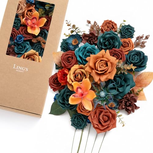 Ling's moment Artificial Wedding Fall Flowers Deluxe Combo, Teal & Orange